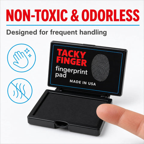 Top Shelf Premium Inkless Fingerprint Tacky Sheets For Notary And Legal Forms Black 4 Pack, opened pad with finger.