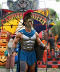 Knight Helmet And Spartan Spear Prop Set For Costume, Gladiator Themed Gear For Halloween, person in prop set at carnival