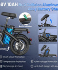 Foldable Electric Bike For Adults And Teens With 740W Peak Motor 48V 10Ah Removable Battery 20 MPH Top Speed And 30 To 35 Mile Pedal Assist Range shown with battery details