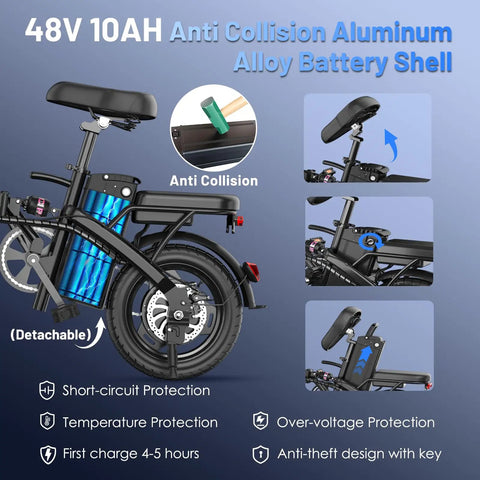 Foldable Electric Bike For Adults And Teens With 740W Peak Motor 48V 10Ah Removable Battery 20 MPH Top Speed And 30 To 35 Mile Pedal Assist Range shown with battery details