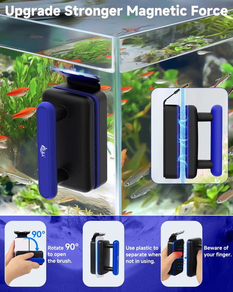 Magnetic Aquarium Glass Cleaner Dual Sided Algae Scraper With Two Blades For Easy Scrub In Glass Tanks 0.2 To 0.4 Inch Thick Slim Design For Tight Corners No Fuss Cleanup, black-blue magnetic cleaner on glass tank