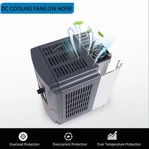 Top view of Variable Frequency Drive 220V 3KW 4HP Inverter with cooling fan, showing protective features and RS485 connection port.