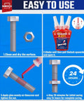ThreadLocker Red high-strength thread lock, 50 ml bottle; bolt and nut shown with step-by-step application.