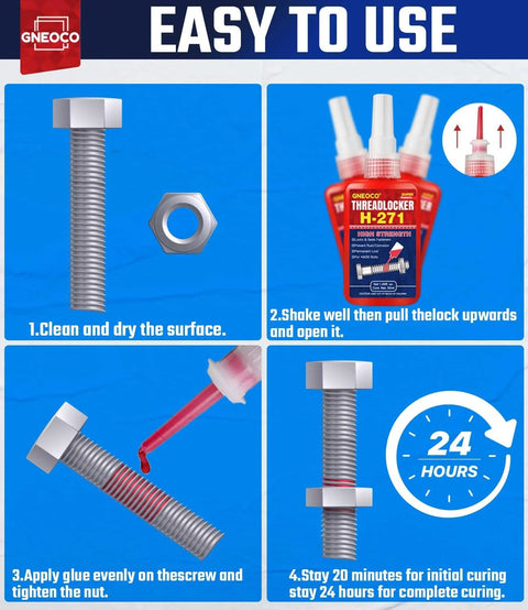 ThreadLocker Red high-strength thread lock, 50 ml bottle; bolt and nut shown with step-by-step application.