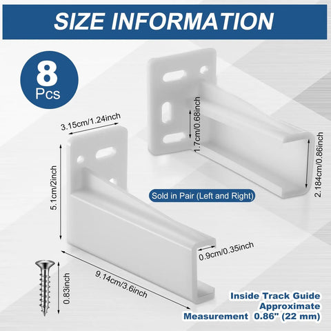 White Rear Drawer Track Socket Back Plates with Heavy Duty Mounting Brackets dimensions, 2x pair, durable plastic for cabinet use.