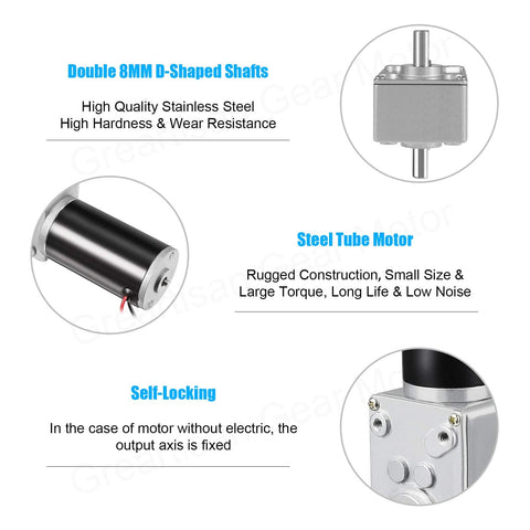 12V Dual Shaft Worm Gear Motor With Cable Self Locking Reversible Drive 5 RPM 15 Kg Cm High Torque 8mm Output Shaft