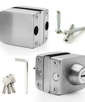 Hella Secure Stainless Steel Glass Door Lock With Double Bolt Build And Sleek Push Slider Mechanism For Eight To Twelve Millimeter Frames with keys.