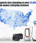 Map of USA highlighting 23,000 charging stations with Nacs To Ccs1 Ev Charging Adapter Packing 500 Amp Fast Fill and ultra secure dual lock clamps.