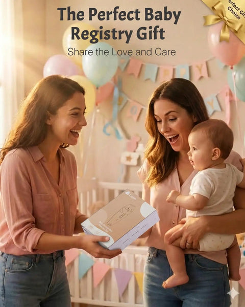 Two women smiling while exchanging All-In-One Baby Care Kit With 26 Tools Including Electric Nail Trimmer, holding a baby, balloons in background.