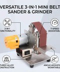 Luocute 9000Rpm Mini Belt Sander With 7 Adjustable Speeds transforms into compact bench grinder, showcasing its sturdy alloy build and adjustable features.