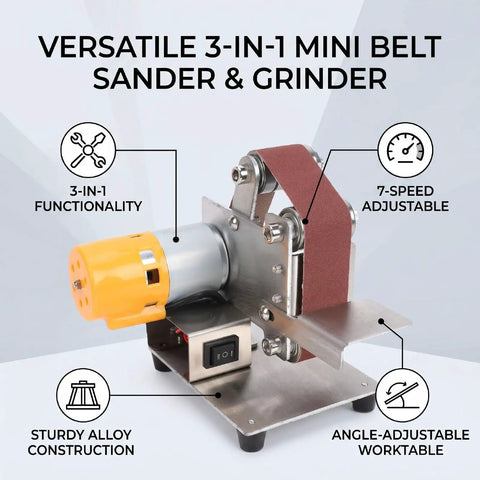 Luocute 9000Rpm Mini Belt Sander With 7 Adjustable Speeds transforms into compact bench grinder, showcasing its sturdy alloy build and adjustable features.