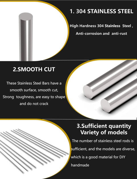 12 Pieces 3mm By 300mm 304 Stainless Steel Round Rods For Metalworking Hobby And Diy Projects Smooth Shafts Ideal For Industry Crafting And Toolmaking, showcasing construction, smooth cut and quantity options.