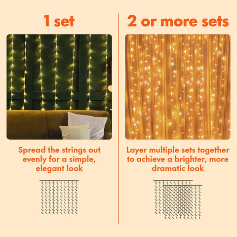 Comparison of 300 LED Curtain String Lights With 8 Modes Plug In Fairy Lights on wall and curtain backdrop