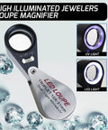 10X Illuminated Jewelers Loupe With Triplet Lens, Six White LEDs And UV Light, shown with LED and UV modes, ideal for gemstones.