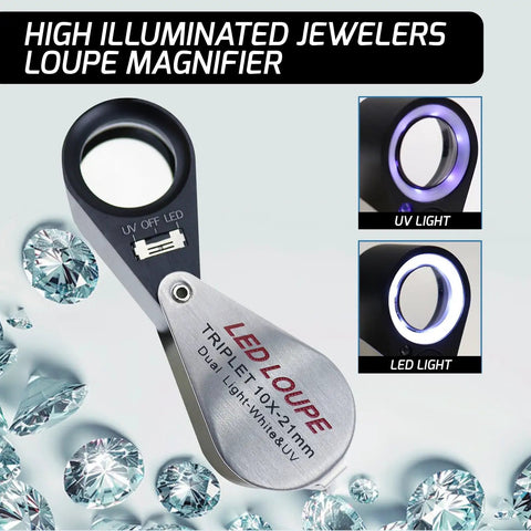 10X Illuminated Jewelers Loupe With Triplet Lens, Six White LEDs And UV Light, shown with LED and UV modes, ideal for gemstones.