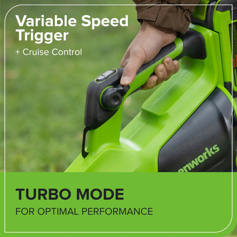 Hand operating 40V Cordless Leaf Blower With Brushless Motor, 730 CFM And 190 MPH, Lightweight Gas Free Workhorse, cruise control.