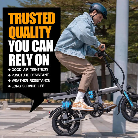 Rider performing tricks on e-bike featuring heavy duty 14x2.125 inner tubes for electric bikes and scooters with angled Schrader valve.