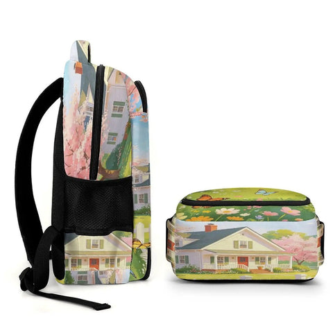 Pinkbreeze Homestead Printed Backpack For Everyday Use Unisex Large Capacity Daypack with side and front view displayed
