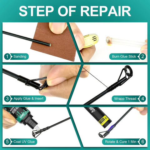 Fishing Rod Tip Repair Kit With 10 Eyelet Sizes, UV Glue, Flashlight, Wrapping Thread, Sandpaper; repair steps illustrated