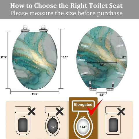 Elongated Resin Toilet Seat for Bathroom with dimensions, showing fit for elongated toilets, measures 14.5" x 18.5".