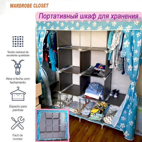 Solid Portable Closet Organizer With Heavy Duty Fabric Zipper Cover Roomy Storage Shelves And Hanging Sections For Hassle Free Dorm Apartment Or College Bedroom Fashion Gear Setup, featuring gray storage shelves and blue cover.