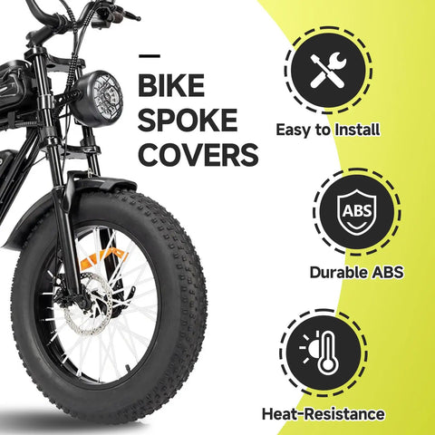 Image showing a bike with 72Pcs Spoke Covers For 8 To 21 Inch Rims White Universal Wheel Wraps For Dirt Bikes Bicycles E Bikes.