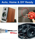 Collage showing speaker, wire connection, terminal and car audio system using Speaker Wire Connector Kit With 30 Insulated Spade Terminals