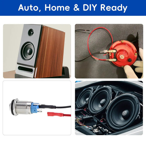 Collage showing speaker, wire connection, terminal and car audio system using Speaker Wire Connector Kit With 30 Insulated Spade Terminals
