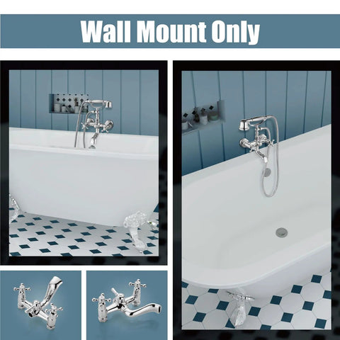 Wall Mount Bathtub Faucet With Handheld Shower Chrome Finish, Retro Telephone Shaped Hand Sprayer on blue tile wall