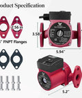 110V Hot Water Recirculating Pump With Three Speed Settings And 13 Gpm Flow showing dimensions and flanges specifications.