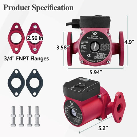 110V Hot Water Recirculating Pump With Three Speed Settings And 13 Gpm Flow showing dimensions and flanges specifications.