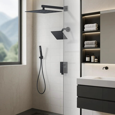 Total Bathroom Glow Up Rain Shower System With 12 Inch And 6 Inch Dual Shower Heads Wall Mount Faucet Kit Packing A Heavy Duty Handheld Sprayer For Effortless Quick Rinse And Chill Daily Routines Always