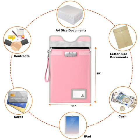 Lockable Fireproof Money Pouch Travel Organizer 15x11 Inches Pink showing compatibility with documents, cash, and tablet.
