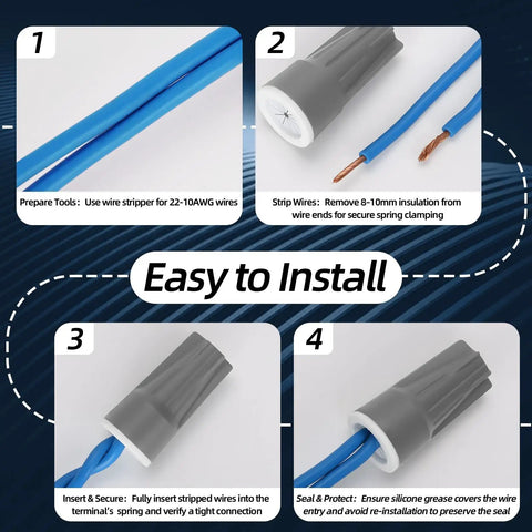 Installation steps of Heavy Duty Waterproof Wire Connectors 50 Pack IP68 For Landscape Lighting And Irrigation, gray connectors shown.