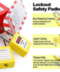 10 Pack Lockout Tagout Locks With Unique Keys Per Lock Yellow Padlocks For Lockout Tagout Stations And Devices Durable Industrial Grade OSHA Compliant Keyed Different 2 Keys Per Lock shown with key retaining feature and laser coding details.