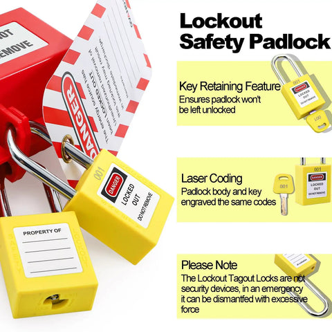 10 Pack Lockout Tagout Locks With Unique Keys Per Lock Yellow Padlocks For Lockout Tagout Stations And Devices Durable Industrial Grade OSHA Compliant Keyed Different 2 Keys Per Lock shown with key retaining feature and laser coding details.