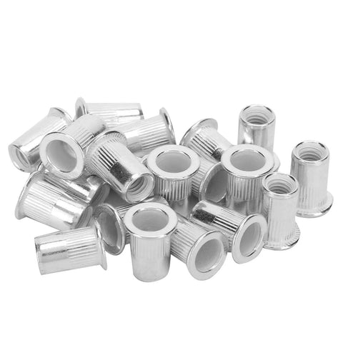 200 Pc M6 Aluminum Rivet Nuts Pack Zinc Plated Hex Body Fasteners for Slick Self Clinching Attachments On Sheet Metal in a pile.