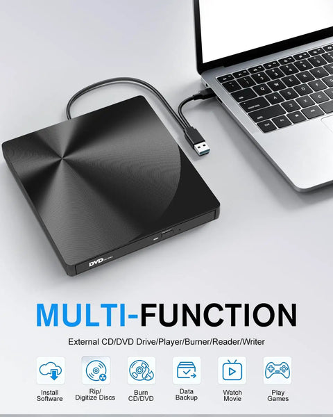 External CD DVD Drive With USB 3.0 And Type-C Plug And Play Portable Burner For Laptops And Macs No Extra Power Needed Ultra Slim Travel Ready Optical Drive, black