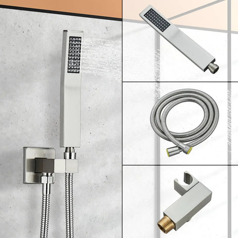 Chrome handheld spray and hose from Tub Shower Faucet Set With Matte Black Finish High Pressure Rain Shower Head And Brass Tub Spout