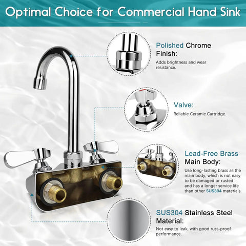 Leak Free Commercial Hand Sink Faucet With 4 Inch Center Wall Mount, Three And A Half Inch Gooseneck Spout detail view