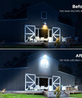 UL Certified 120W Dusk To Dawn Outdoor Light illuminating barn with 18000 lumens vs dim 700W light, night scene comparison