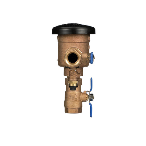 Brass 1-inch pressure vacuum breaker assembly with black top cap and blue lever shutoff valves (front view)
