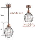Red Antique Copper Glass Pendant Light With Cracked Glass Shade, Dope Dimmable Hanging Fixture dimensions and details displayed