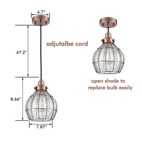 Red Antique Copper Glass Pendant Light With Cracked Glass Shade, Dope Dimmable Hanging Fixture dimensions and details displayed
