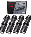 Ultra Bright Mini LED Flashlights 7W Zoomable Handheld Beams, Water Resistant, 3 Modes, 4 pack displayed with packaging