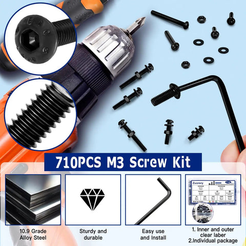 All In One M3 Screw Kit For 3D Printing With 710 Pcs Eight Lengths Of Screws M3x6mm to M3x30mm, nuts, washers, hex wrench.