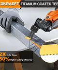 Badass 50 Piece Oscillating Tool Blade Set Featuring 45 Curved Edge And 5 Titanium Straight Cutters For Cutting Wood Plastic Drywall Metal Demolition Tasks Quick Swap Universal Lock in use on metal with titanium blade.