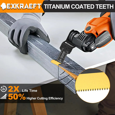 Badass 50 Piece Oscillating Tool Blade Set Featuring 45 Curved Edge And 5 Titanium Straight Cutters For Cutting Wood Plastic Drywall Metal Demolition Tasks Quick Swap Universal Lock in use on metal with titanium blade.
