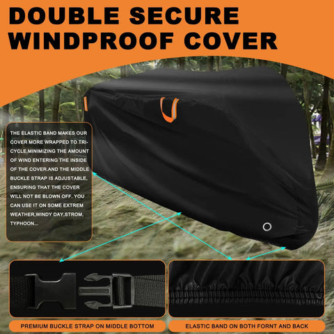 Adult Tricycle Cover Durable 420D Oxford Cloth Windproof Buckle Lock Hole Heavy Duty Weatherproof Shield For 3 Wheel And Electric Trikes Fits Most Bikes Indoors Or Outdoors Rain Or Shine Ready Garage Or Home black cover with buckle strap and elastic hem