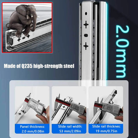 Heavy Duty 3 Fold Full Extension Drawer Slide With Lock Side Mount For Tool Cabinets And Workbenches Built Tough With Lockable Drawer That Stays Put Through Rough Rides 20 Inch 500mm Cold Rolled Steel with thickness measurements and elephant illustration